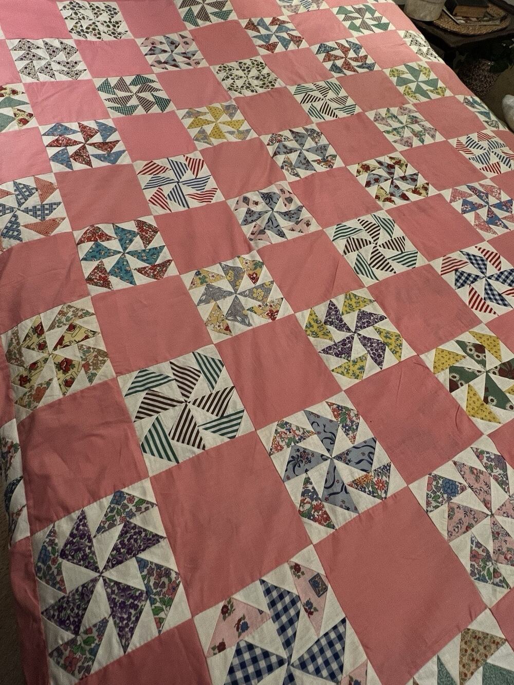 Vintage Patchwork Quilt Top Pinwheels Handstitched 80" x 90" Pink Multicolored